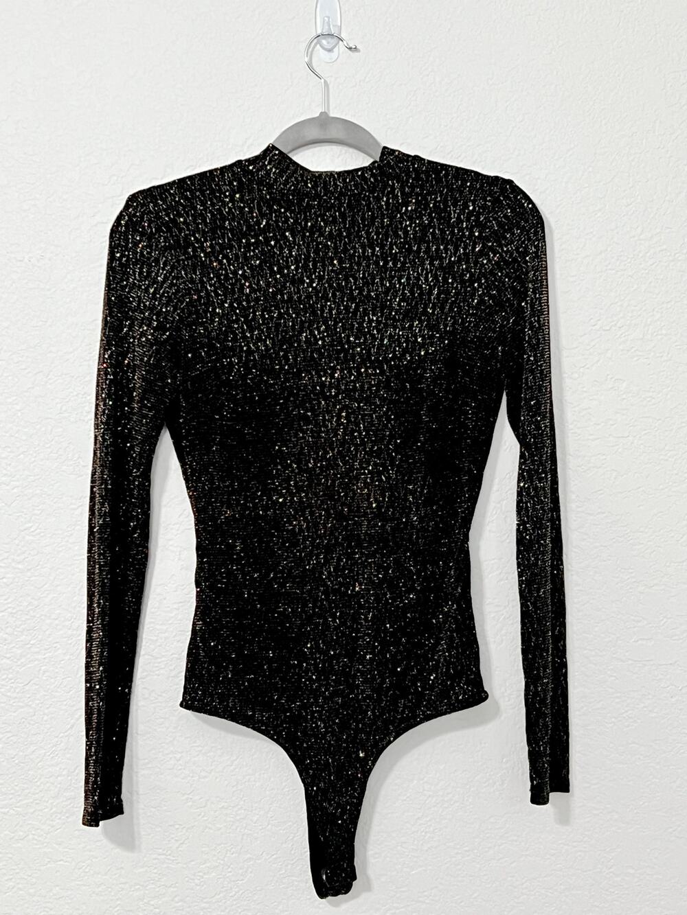 Privy Lurex Metallic Bodysuit Mock Neck Keyhole Back Long Sleeve Sparkle Top